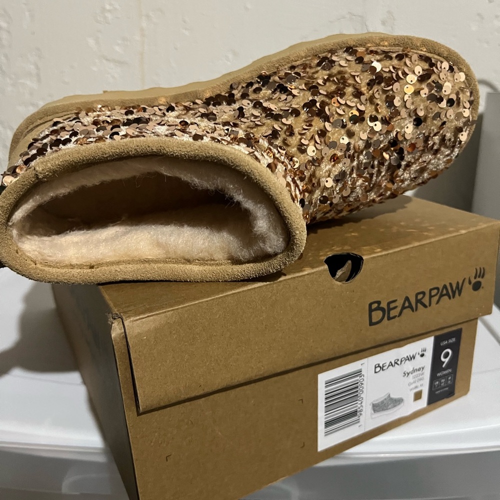 BearPaw Kids Sequin Slippers in Tan and Gold